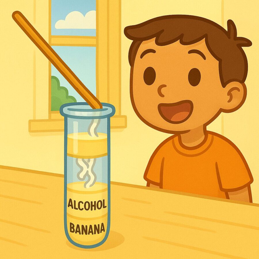 Final product: A small clear glass or test tube contains a cloudy banana liquid with a visible white, stringy clump of DNA floating where it meets a top layer of alcohol. A toothpick or stick is lifting some DNA strands out.