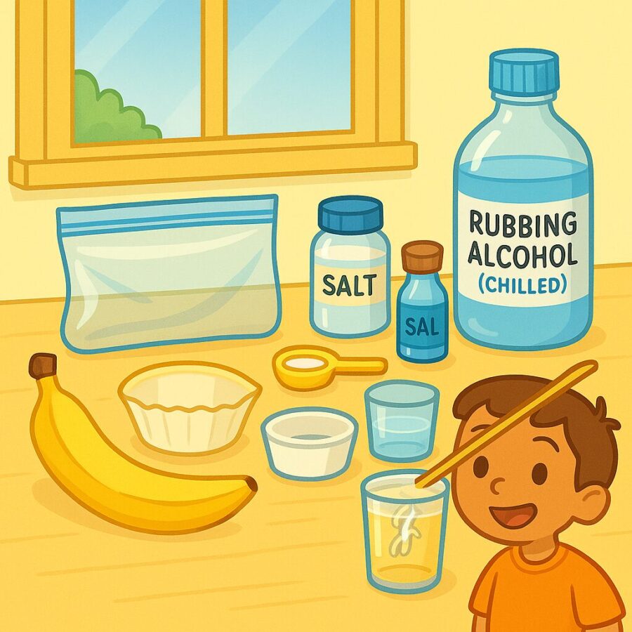 Materials for banana DNA extraction experiment: a peeled ripe banana, a plastic zip-top bag, a measuring spoon, salt, dish soap, a coffee filter, a cup of water, a small clear container, and a bottle labeled “rubbing alcohol (chilled)