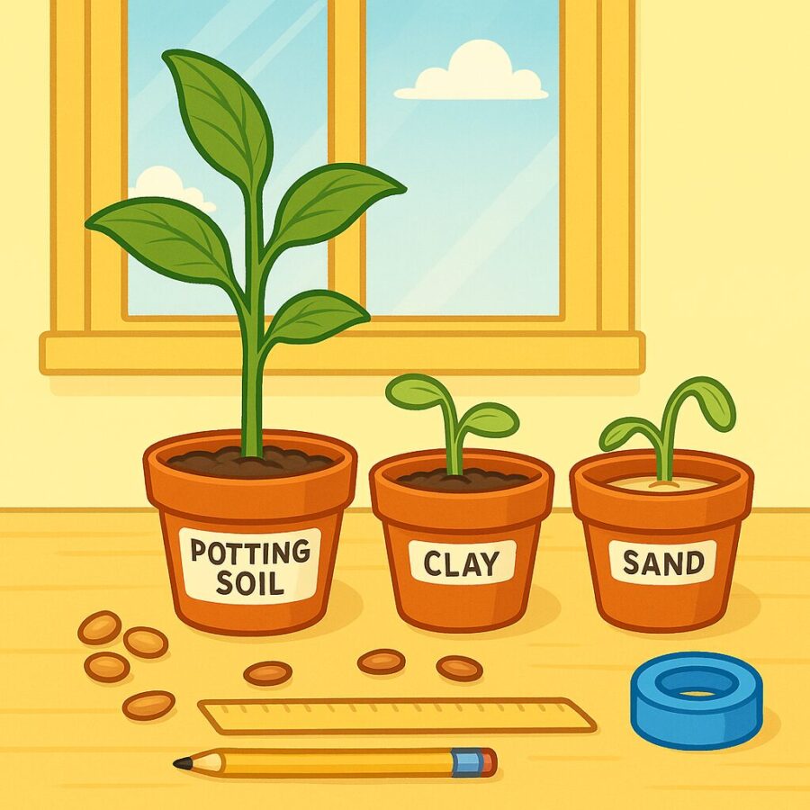 Final product: three pots with plants grown in potting soil, clay, and sand—showing differences in height and health