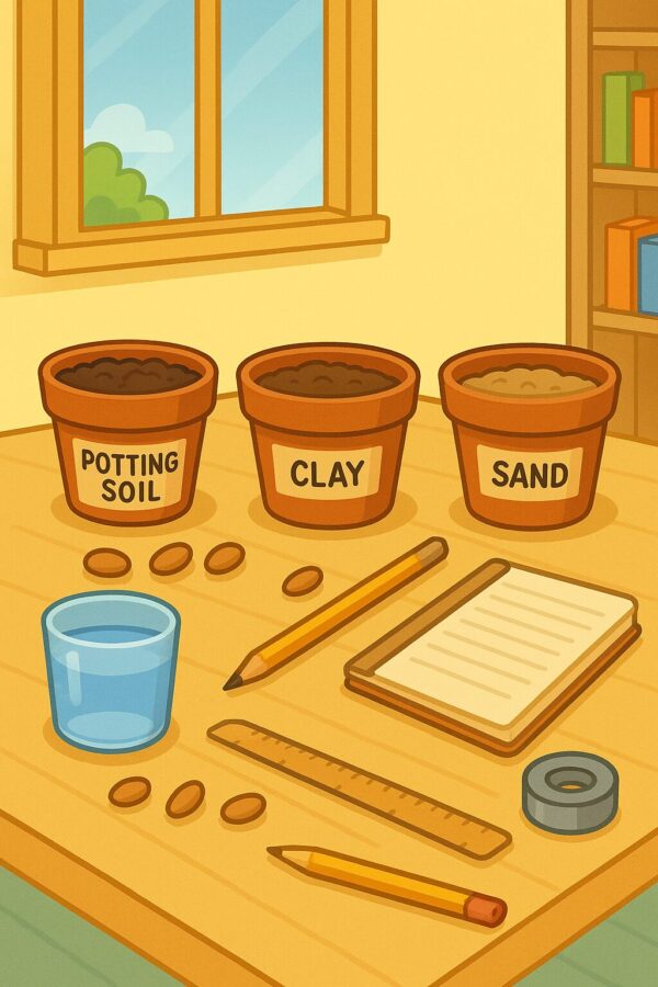 Materials for different soils plant growth experiment: three pots with different soils, seeds, ruler, notebook, labels