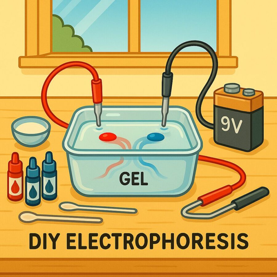 Colored molecules moving through gelatin under electric current in a DIY electrophoresis setup
