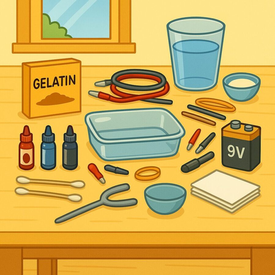 DIY electrophoresis materials: gelatin, wires, battery, pencil lead, container, food coloring