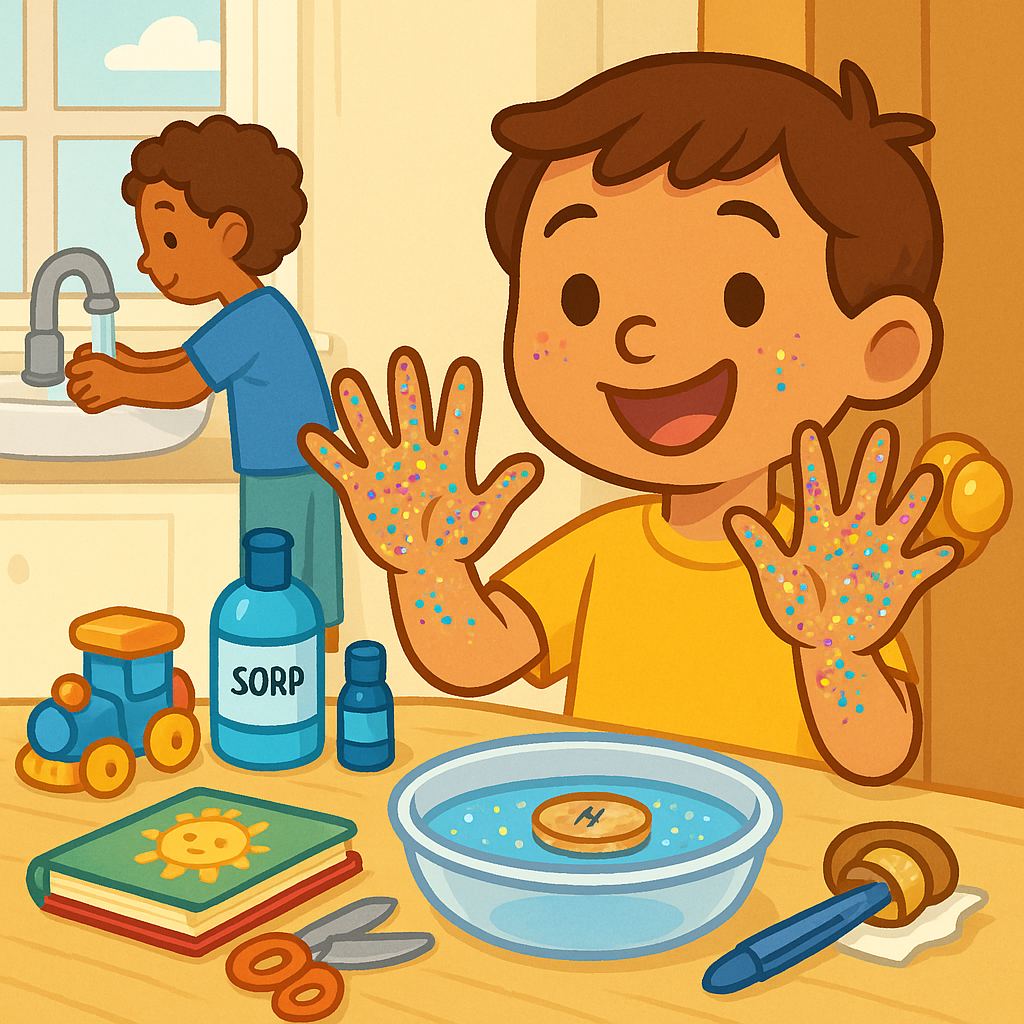 Final result of germ spread experiment: glitter on toys, hands, and surfaces, demonstrating how germs spread and the importance of washing hands