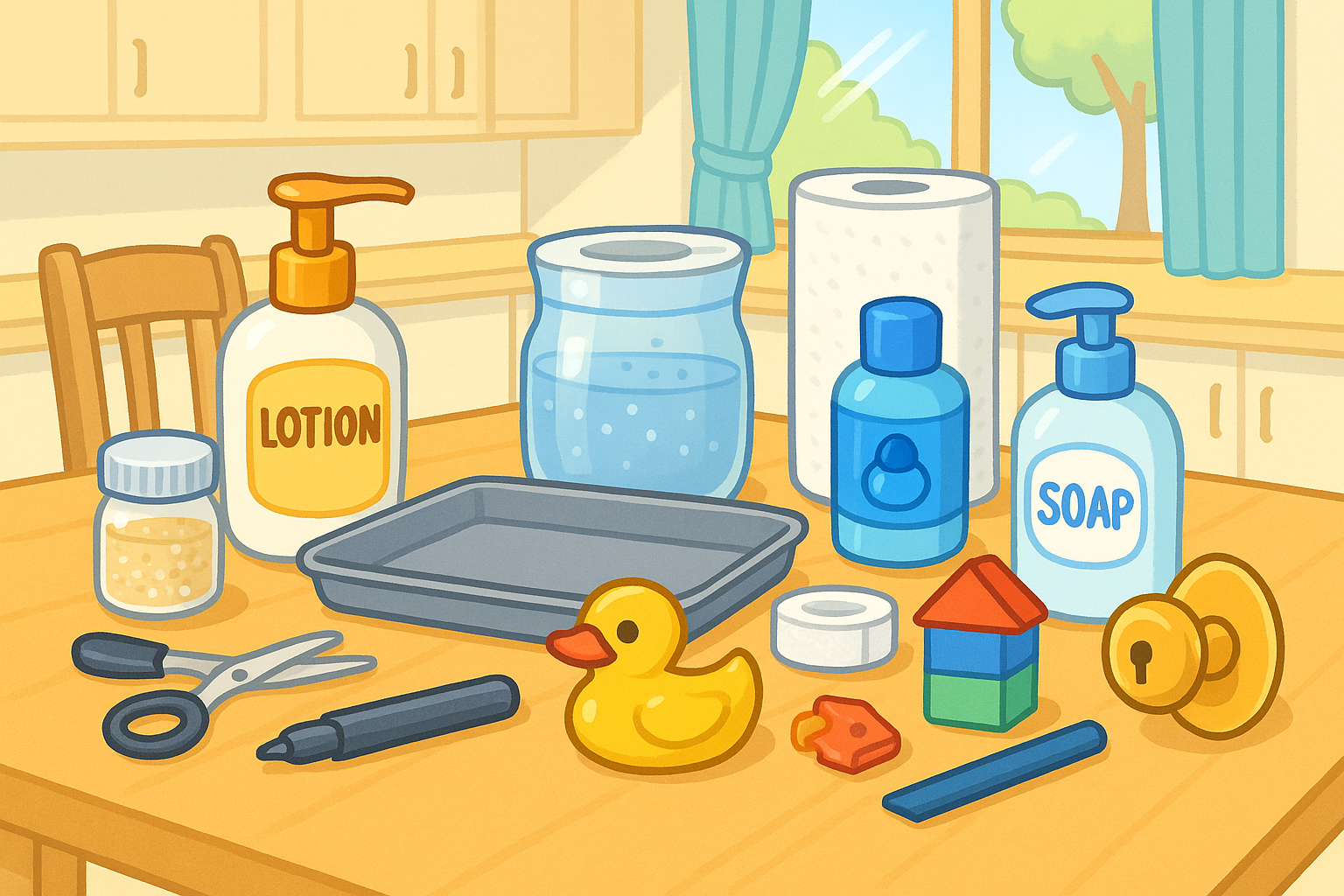 Materials for germ spread science experiment: glitter, hand lotion, soap, paper towels, toys, doorknob, plate