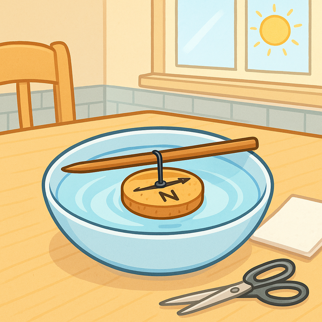 Final product: a homemade compass floating in a bowl, needle pointing north