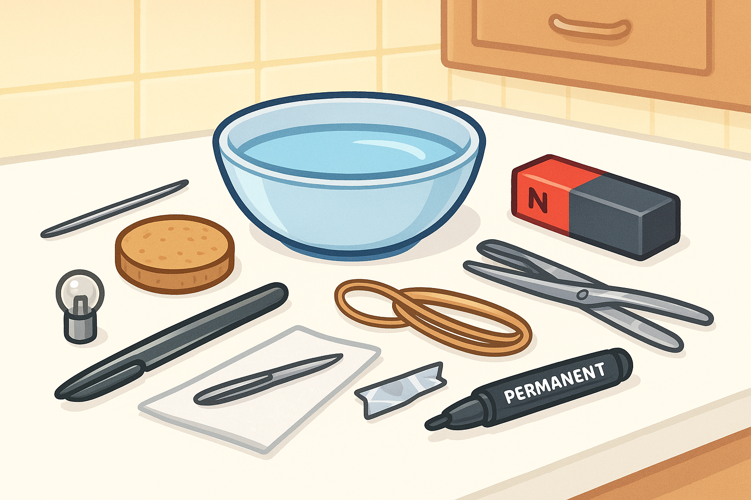 Materials for homemade compass: needle, magnet, cork, bowl of water, paper towel, pliers