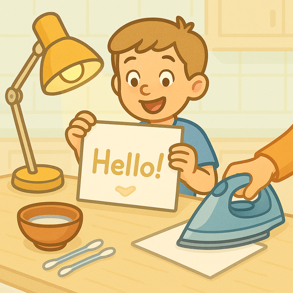 Final result: secret message revealed with lemon juice invisible ink and heat, child holding up paper with visible brown writing