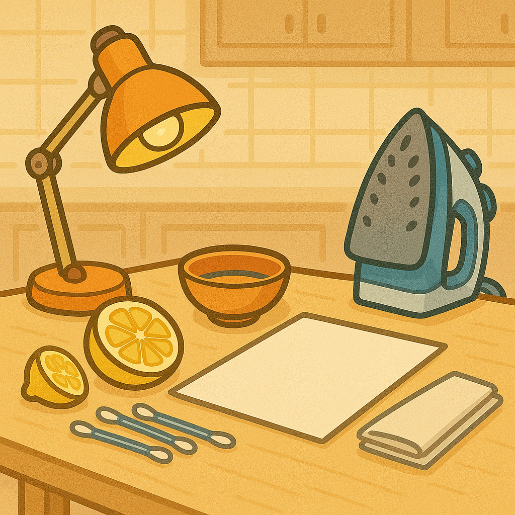 Materials for invisible ink science experiment: lemon, bowl, cotton swabs, white paper, lamp, paper towels, iron