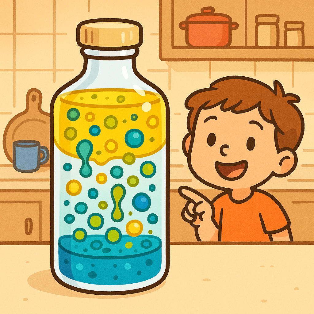 Colorful homemade lava lamp in a bottle: bright bubbles rising and falling in oil and water