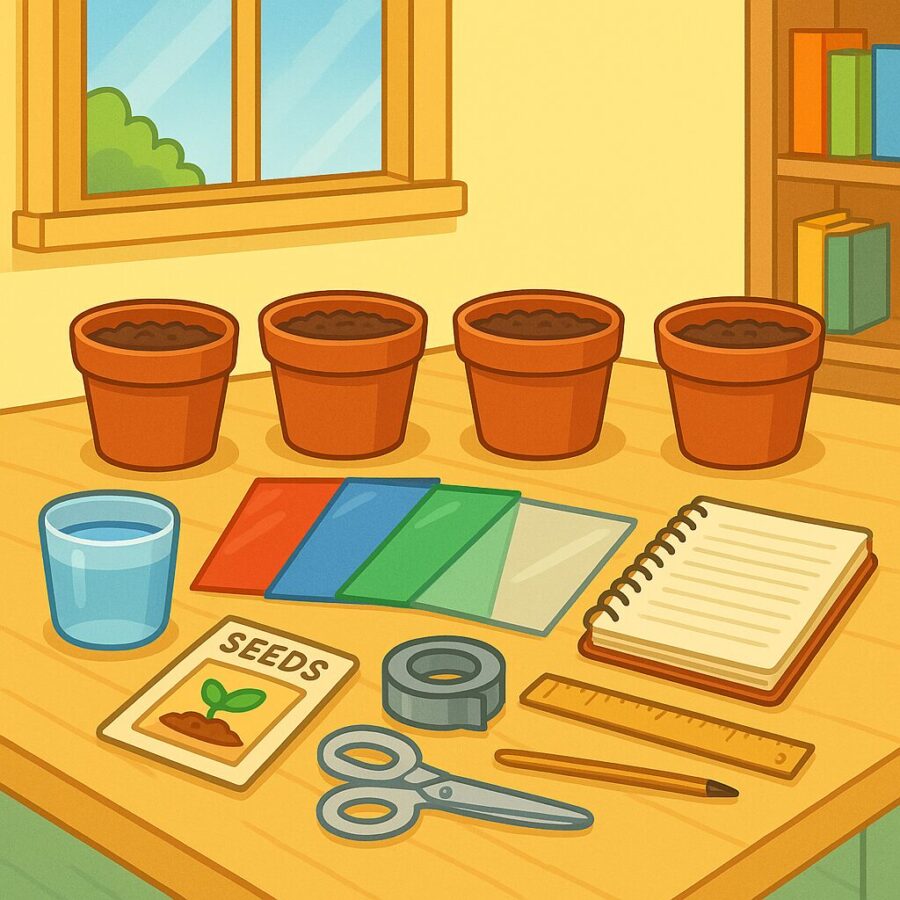 Materials for plant growth and light color experiment: seeds, pots, colored cellophane, ruler, notebook