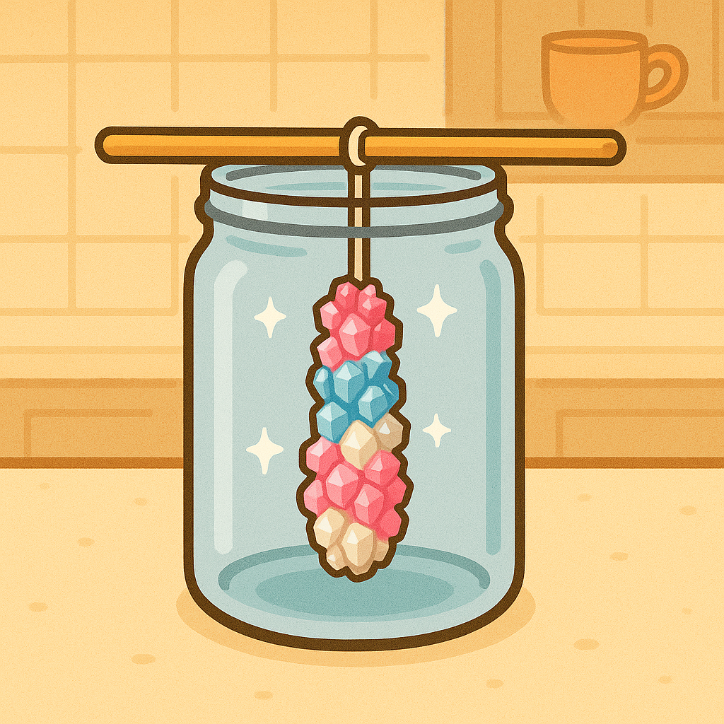 Final product: homemade rock candy crystals grown on a stick, bright and colorful, ready to eat