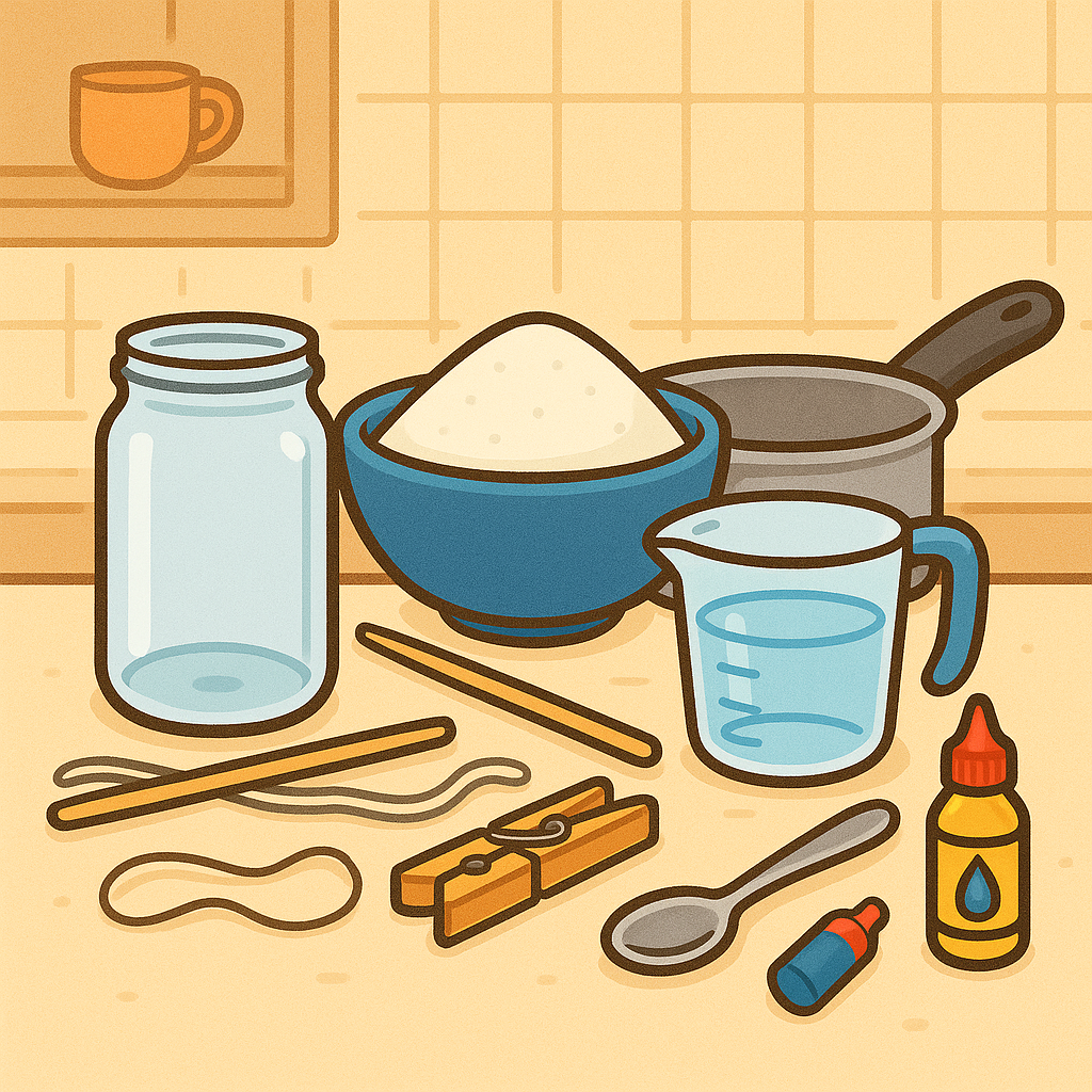 Materials for homemade rock candy experiment: sugar, jar, stick, string, saucepan, food coloring, measuring cup