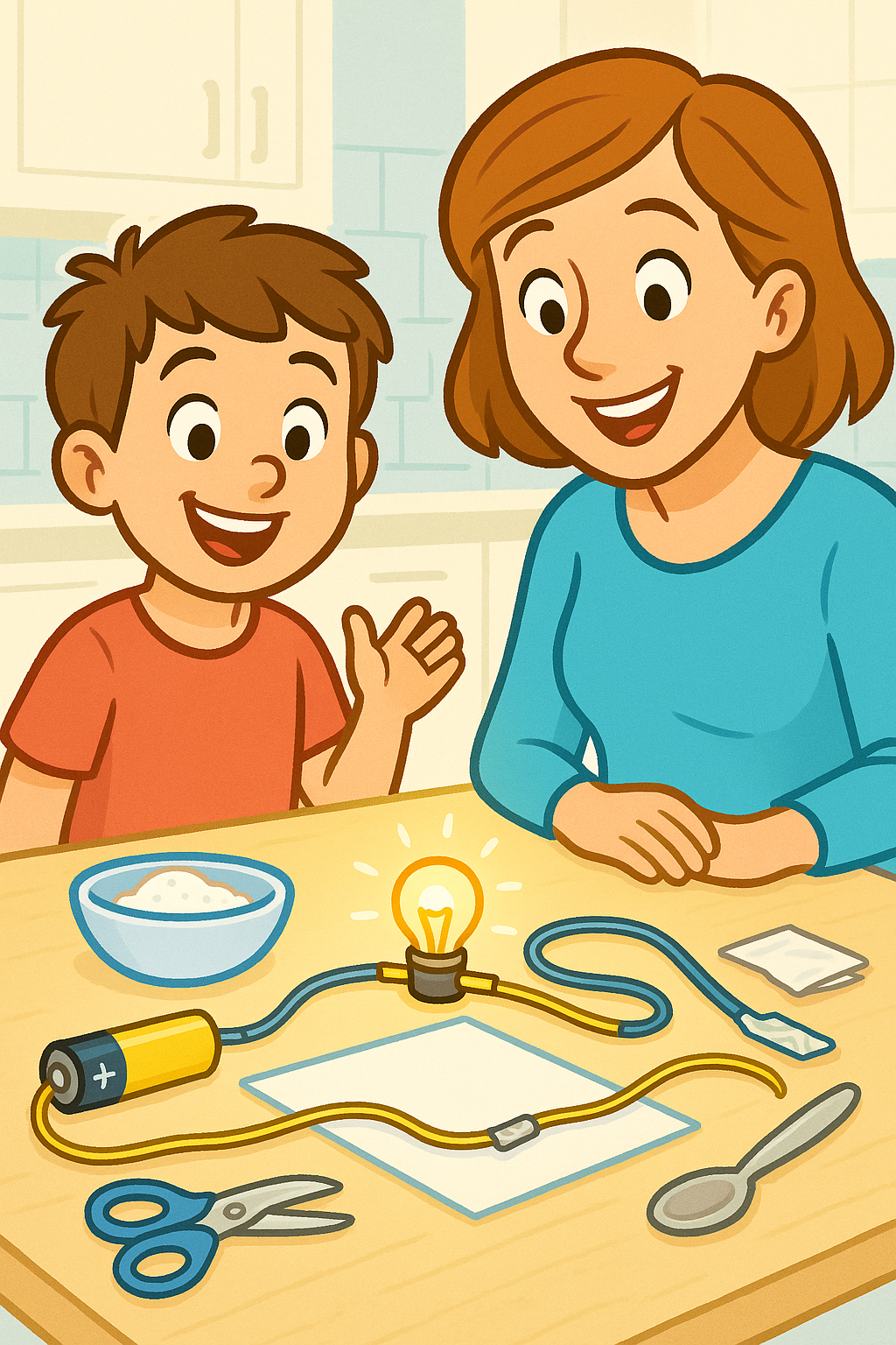 Final product: working simple circuit with bulb lit, battery, wires, and foil switch, on a kitchen table