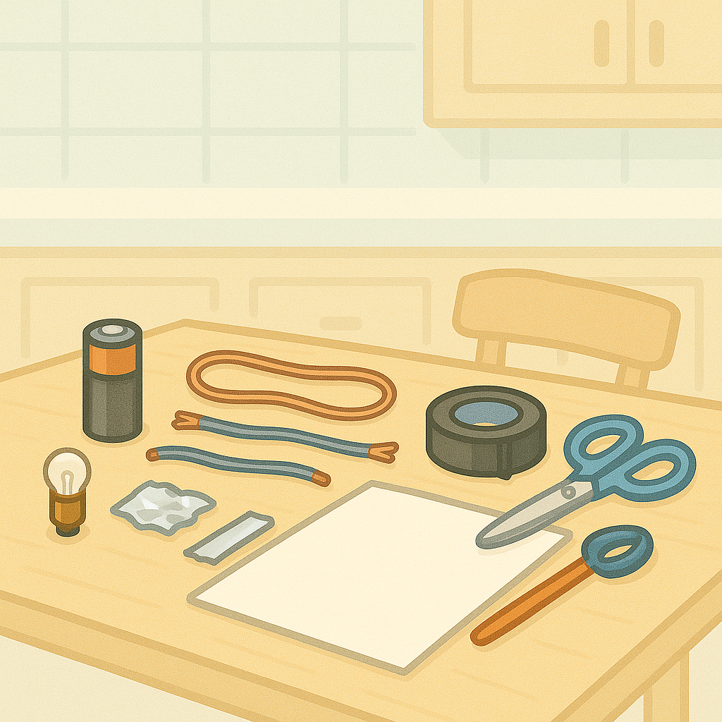 Materials for simple circuit experiment: battery, bulb, copper wires, tape, scissors, aluminum foil