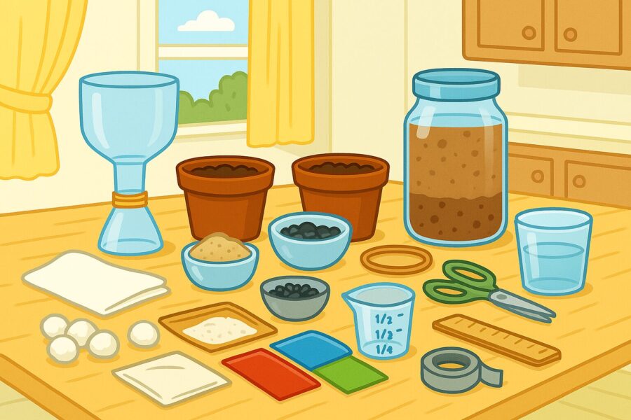 Materials needed for water filtration experiment: plastic bottle, sand, charcoal, cotton, water